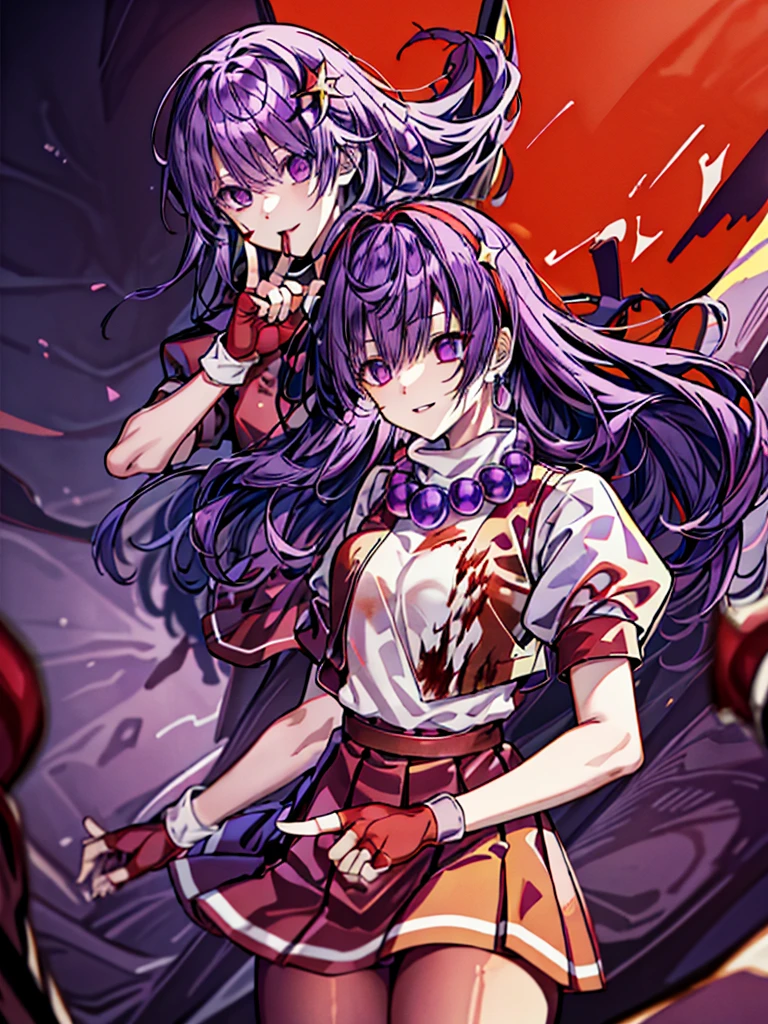 (masterpiece)、(highest quality)、(super detailed)、intricate details、athena 97、(1 girl)、solo、purple eyes、purple hair、hair length、white earrings、red hair band、star hair ornament、Medium breathing、red vest、white turtleneck、White Sleeves、short sleeve、red pleated skirt、(Crimson pant:1.2)、black pantyhoseow belt、purple spherical necklace、red fingerless gloves、white short socks、red shoes、evil smile、NSFW、cowboy shot rally background、anime style、(Blood on the face:1.4)、(combat readiness:1.6)、hypnorolla、
empty eyes