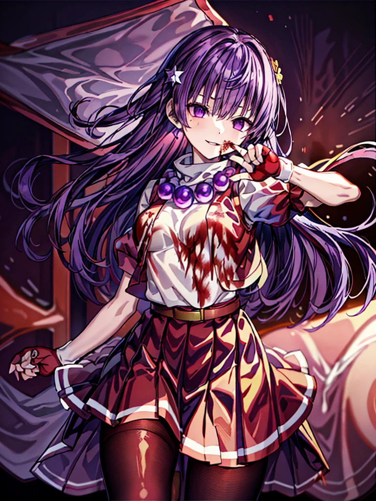 (masterpiece)、(highest quality)、(super detailed)、intricate details、athena 97、(1 girl)、solo、purple eyes、purple hair、hair length、white earrings、red hair band、star hair ornament、Medium breathing、red vest、white turtleneck、White Puff Sleeves、short sleeve、red pleated skirt、(Crimson pantyhose:1.2)、black pantyhose、yellow belt、purple spherical necklace、red fingerless gloves、white short socks、red shoes、evil smile、NSFW、cowboy shot rally background、anime style、(Blood on the face:1.4)、(combat readiness:1.6)、hypnorolla、
empty eyes