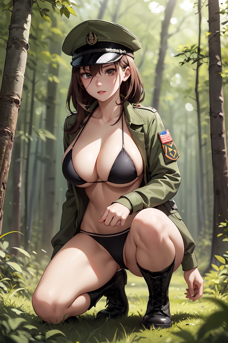 (best quality,Unparalleled masterpiece:1.4),Ultra-detailed CG 4K,brown hair，in the forest，Female soldiers，Combat uniforms， Loose bikini，black military boots，combat hat，huge，rendering，huge，squat on the ground