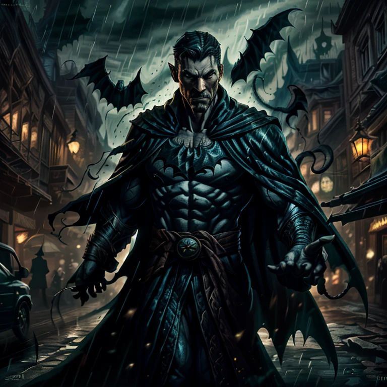 Romania Native Batman: (1 man), dramatic pose, tight cape, brooding, serious expression, rough and weathered face, pointed ears, muscular body, bat symbol on chest, intricate details, detailed textures, Gothic, dark and moody atmosphere, shadows, high contrast, (rain: 1.2), bat-shaped utility belt, detailed utility tools, bat-shaped cowl concealing identity, intense gaze, rough and textured skin, detailed muscles, stubble, tired look, communist-era architecture background.

Note: This description is based on a visual representation of Romania Native Batman, incorporating typical elements of Batman's character but with a focus