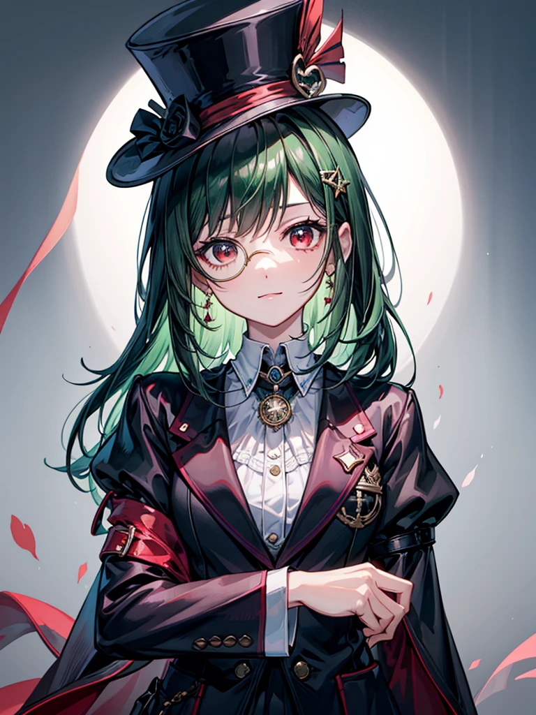 （（（masterpiece、Highest image quality、highest quality、highly detailed unity 8ｋwallpaper）））、（（Illustration of one girl、upper body））、（（（beautiful girl）））、（Emerald green hair、sidelocks：1.2、red eyes）、（（（crazy smile）））、monocle、pocket watch、（（（Black top hat、tuxedo）））、grand library