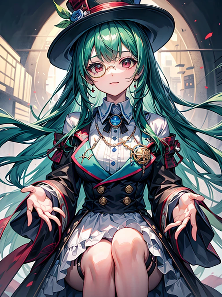 （（（masterpiece、Highest image quality、highest quality、highly detailed unity 8ｋwallpaper）））、（（Illustration of one girl、upper body））、（（（beautiful girl）））、（Emerald green hair、sidelocks：1.2、red eyes）、（（（crazy smile）））、monocle、pocket watch、（（（Black top hat、tuxedo）））、grand library