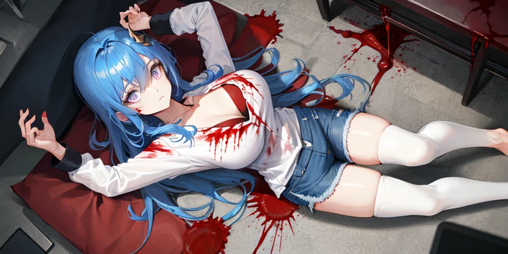 (lying on the roadside on one's back:1.2), (body being dragged:1.2), 1 girl, alone, ((white shirt)), barefoot, huge breasts, cleavage, uniform, denim shorts, ((Killed)), ((From above)), (cinematic lighting), (Put your arms on the ground), ((Sea of Blood)), ((bloody ground)), dutch angle, ((Bloody Body)), ((blood on their clothes)), ((rape face)), (((horror))), ((eyeを見開く)), Slender, eyeの間の毛, large chest, long hair, eye, blue hair, Blue short claws, alone, ((Thin knees, thick thighs)), long hair, ((masterpiece)), name tag, id tag, golden hair clip, ((long legs))