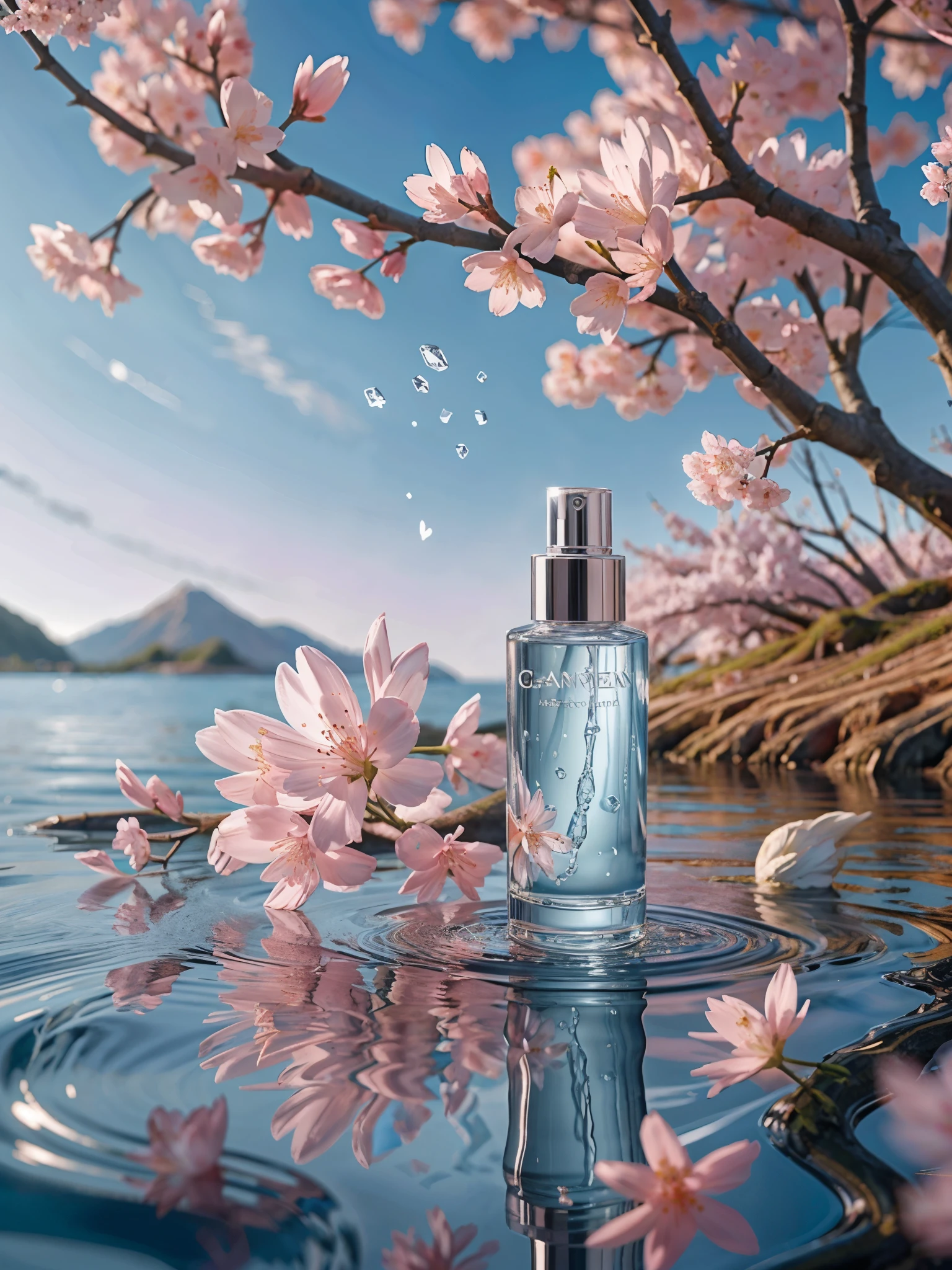 BEST QUALITY, 4K, 8K, HIGH RESOLUTION, MASTERPIECE, ULTRA-DETAILED, PHOTOREALISTIC, BLENDER, MAKEUP BOTTLE, CHERRY BLOSSOM WRAPPED AROUND, BLUE SKY BACKGROUND, WATER, SUNLIGHT, LOW PERSPECTIVE, PRODUCT RENDERING