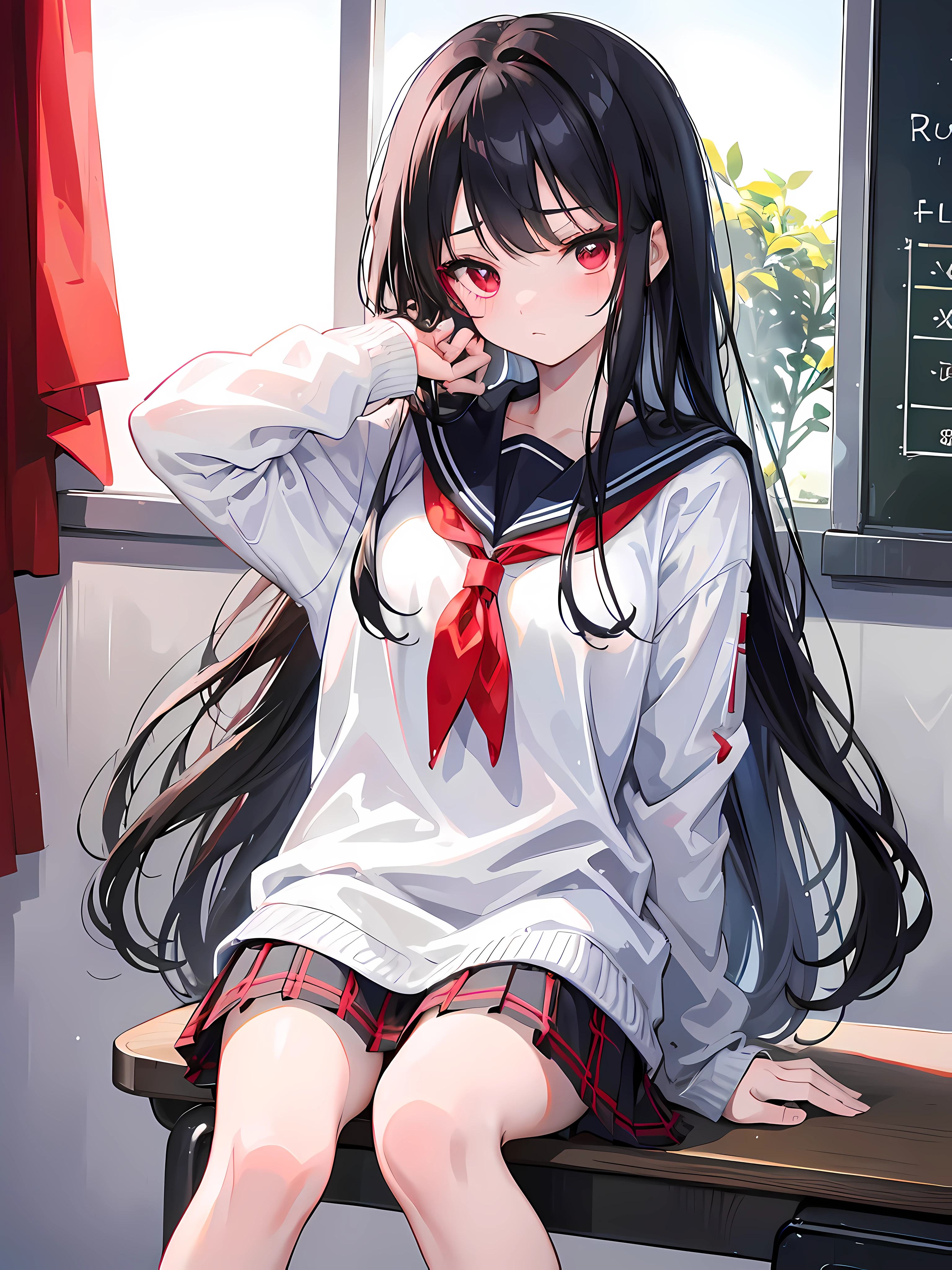 ((Preteen)), obra de arte, Em 8K, maximum quality, imagem real, 1 garota, lindo cabelo preto longo, olhos vermelhos, vestindo uniforme branco liso, com saia xadrez escolar vermelha vermelha e azul escura, uniforme de marinheiro, sala de aula, sombreamento profundo, luz quente, bright olhos vermelhos, corou, envergonhado de, Rubor, louco