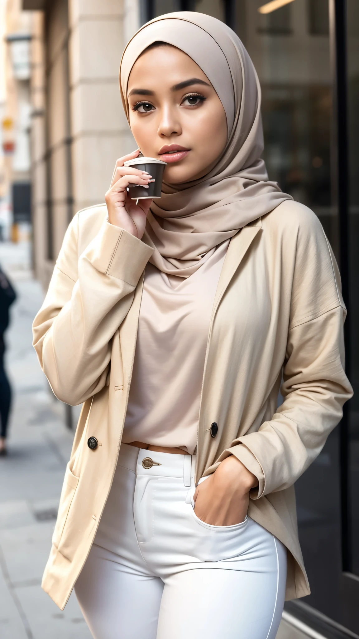 (Best quality, high resolution, masterpiece: 1.3), a beautiful malay woman in hijab, big breasts, perfect fit body, sweatshirt, beautifully presented details in the street and facial and skin texture, detailed eyes, double eyelids, big eyeschest visible, woman in a beige jacket and white pants holding a cup of coffee, elegant slim beige shirt, cropped shirt with jacket, cream colored blouse, wear's beige shirt, beige, casual modern clothing, hijab, wearing a blouse, fancy top, casual clothing style, wearing elegant casual clothes, modern casual clothing, taupe, katelynn mini cute style, white hijab