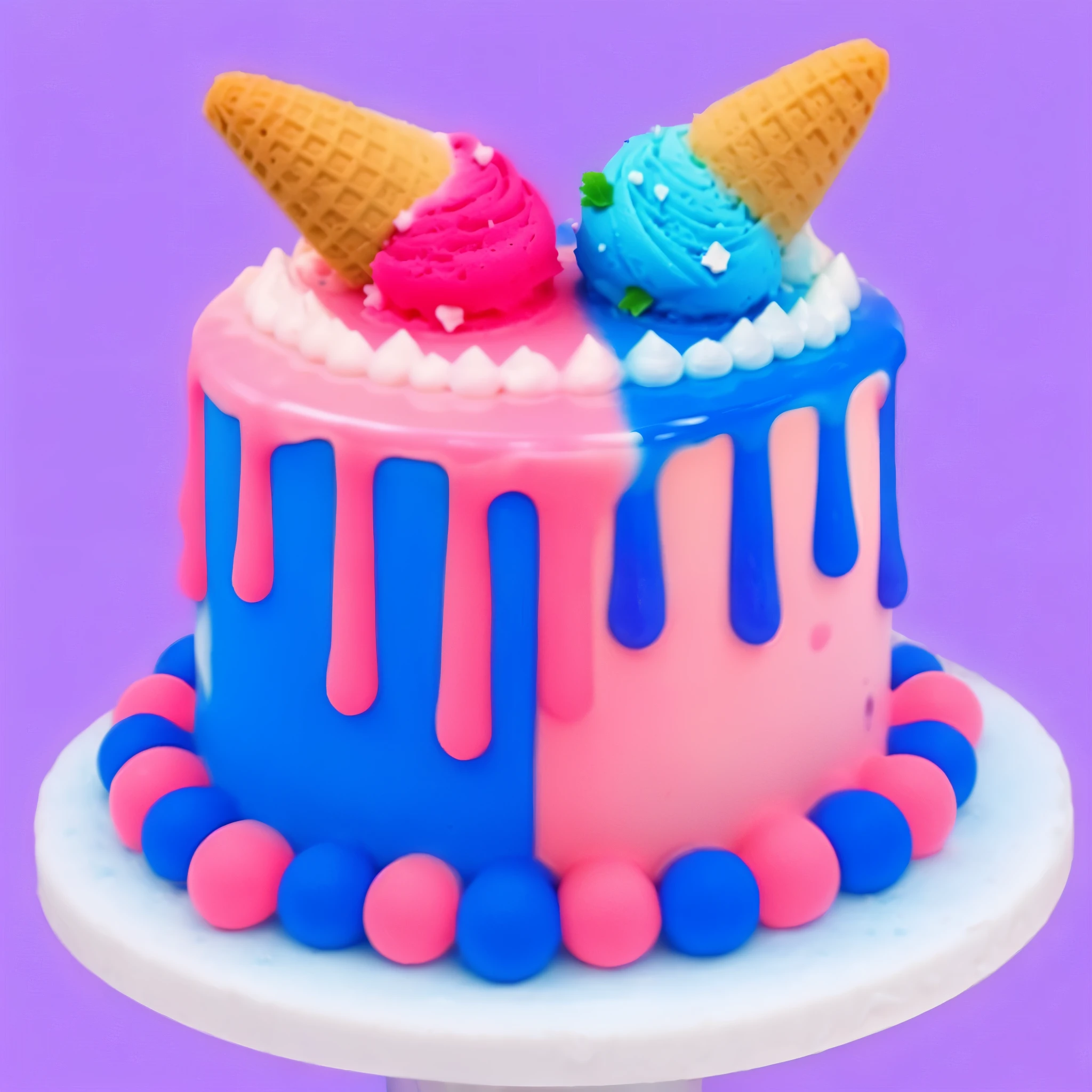 cake half pink, half blue, pink and blue ganja flows down from above .on top are two pink and blue ice creams, delicious photo , high detail photography , Macro photo , cream texture, ice cream texture , texture potekov