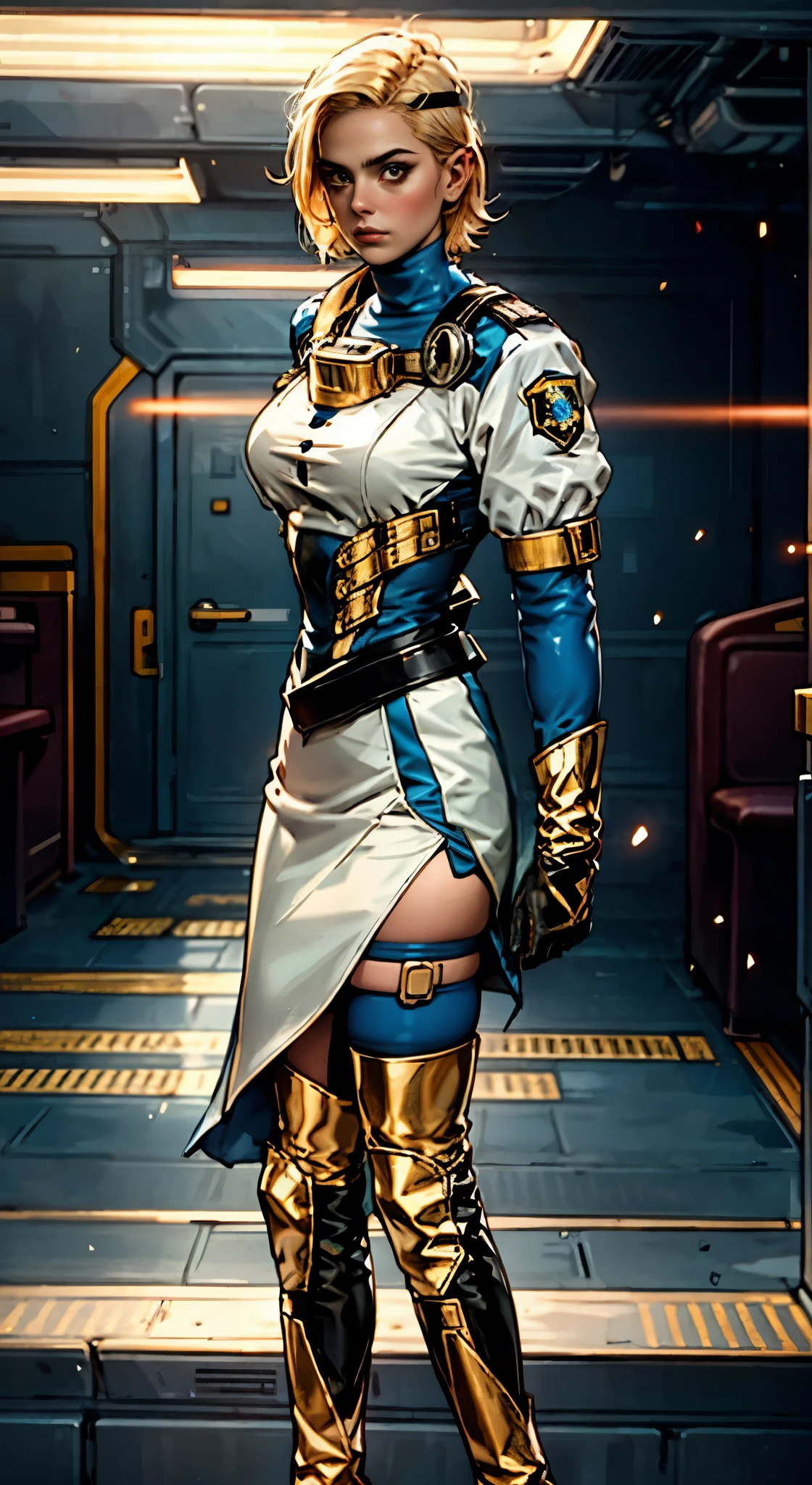 A girl with short light golden hair, a metal headband on her forehead, an icy gaze, a detached expression, a smooth and exquisite facial appearance, a sci-fi military uniform, white as the main color, complemented by blue and yellow accents, short sleeves, gloves, short skirt integrated with the outfit, dark fitted pants, knee-high military boots, standing in a futuristic sci-fi-styled room, Surrounded by AR virtual interfaces, this character embodies a finely crafted a futuristic sci-fi female officer in anime style, exquisite and mature manga art style, high definition, best quality, highres, ultra-detailed, ultra-fine painting, extremely delicate, professional, anatomically correct, symmetrical face, extremely detailed eyes and face, high quality eyes, creativity, RAW photo, UHD, 8k, Natural light, cinematic lighting, masterpiece-anatomy-perfect, masterpiece:1.5