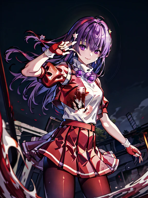 (masterpiece)、(highest quality)、(super detailed)、intricate details、athena 97、(1 girl)、solo、purple eyes、purple hair、hair length、white earrings、red hair band、star hair ornament、Medium breathing、red vest、white turtleneck、White Puff Sleeves、short sleeve、red pleated skirt、(Crimson pantyhose:1.2)、black pantyhose、yellow belt、purple spherical necklace、red fingerless gloves、white short socks、red shoes、evil smile、NSFW、cowboy shot、In the ruins、anime style、(Blood on the face:1.4)、(combat readiness:1.6)、hypnorolla、
empty eyes