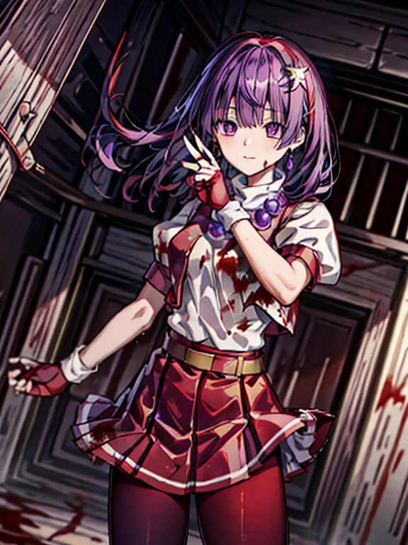 (masterpiece)、(highest quality)、(super detailed)、intricate details、athena 97、(1 girl)、solo、purple eyes、purple hair、hair length、white earrings、red hair band、star hair ornament、Medium breathing、red vest、white turtleneck、White Puff Sleeves、short sleeve、red pleated skirt、(Crimson pantyhose:1.2)、black pantyhose、yellow belt、purple spherical necklace、red fingerless gloves、white short socks、red shoes、evil smile、、cowboy shot、In the ruins、anime style、(Bloothe face:1.4)、(combat readiness:1.6)、hypnorolla、
empty eyes
