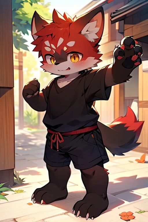 hairy，black fur，golden fur，Red fur，male，canine，red fox，red fox，red fox，the only person，sharp claws，fine fur，golden eyes，thick eyebrows，hairy的尾巴，Red gold black short sleeves，white shorts，Super detailed：1.0，horny boy，toddler，child们，child们's，child，Beasts too，Shota（dagasi street：1.1），anatomically correct，Red Claw，Bare paws，Barefoot paws，Barefoot paws，stand up，attention，Bald，animal paw，