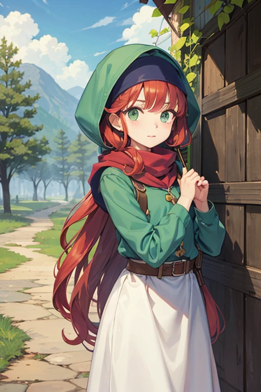 ((Maribel dq7)),dragon quest vii,1girl,curly hair,dress,green eyes,head scarf,hood,long hair,red hair,