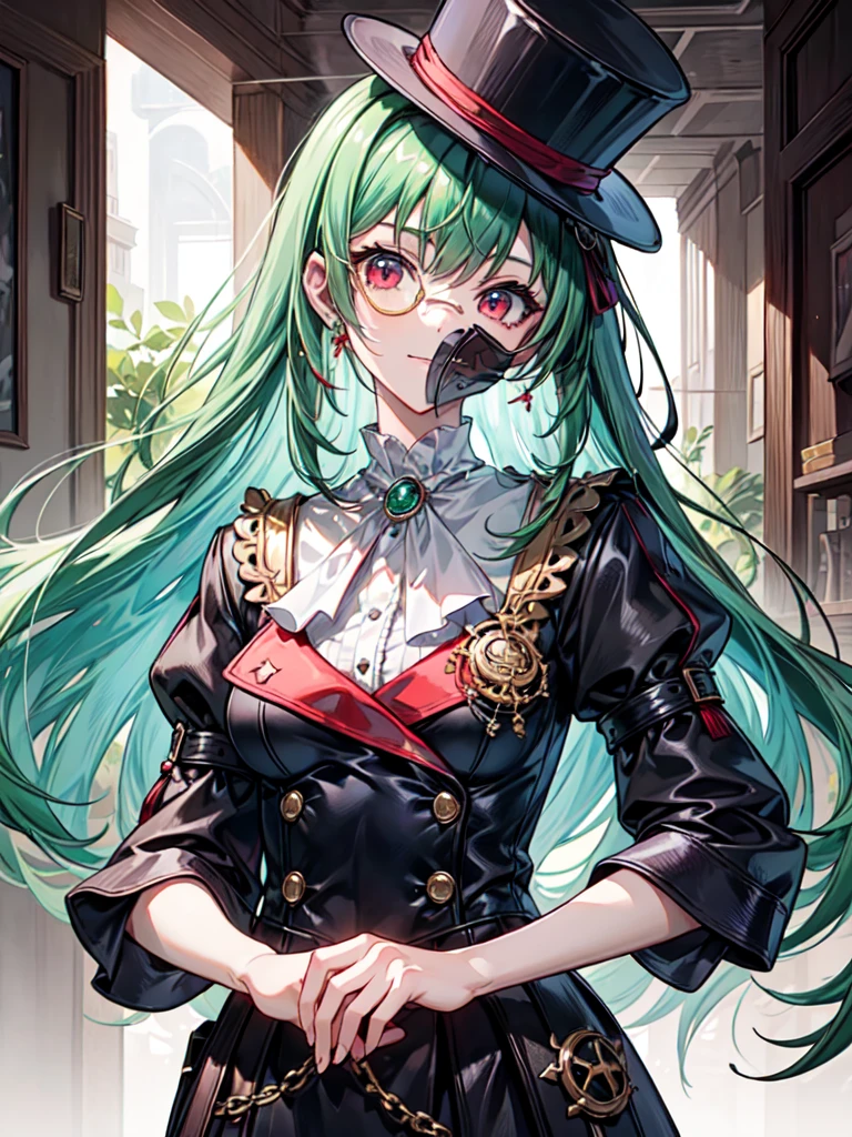 ((Masterpiece)), ((Best Quality)), ((Best Quality)), (Illustration of One Girl), Emerald Green Long Hair, (((Tall)), (White Skin), Red Eyes, Blue Eyeliner, ((Makeup with a heart symbol around the left eye)), ((Tuxedo)), (Top Hat)), Clown, (Circus)