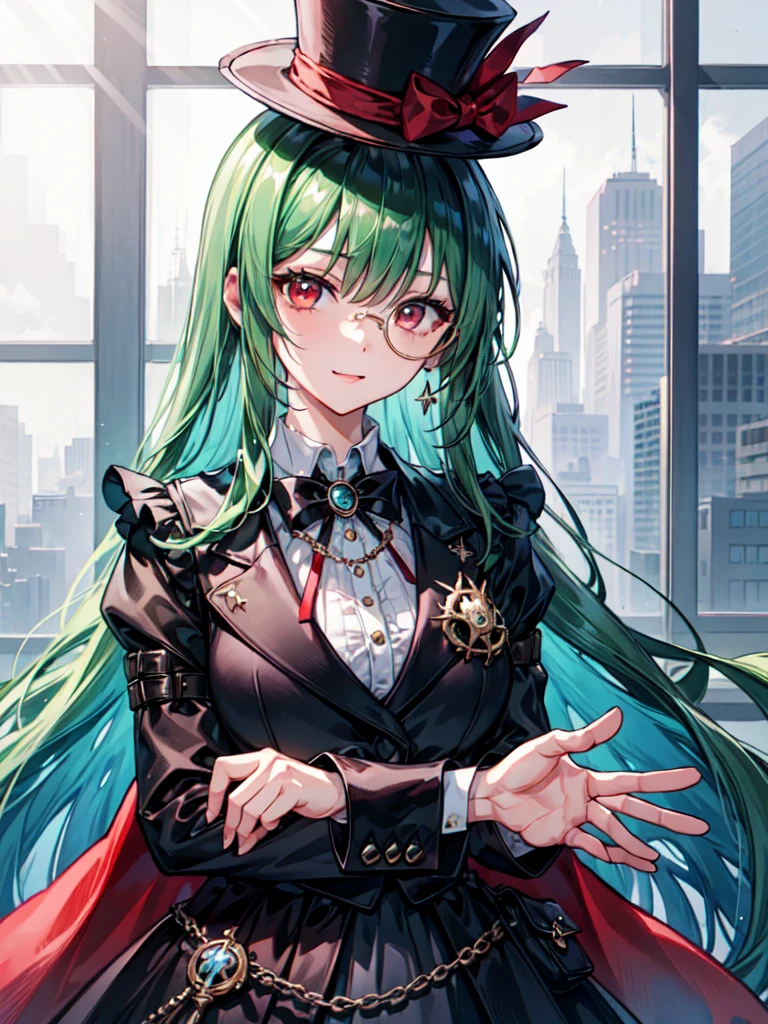 (((masterpiece、Highest image quality、highest quality、highly detailed unity 8kwallpaper)))、((Illustration of one girl、upper body))、(((beautiful girl)))、(Emerald green hair、sidelocks:1.2、red eyes)、(((crazy smile)))、monocle、pocket watch、(((Black top hat、tuxedo)))、grand library