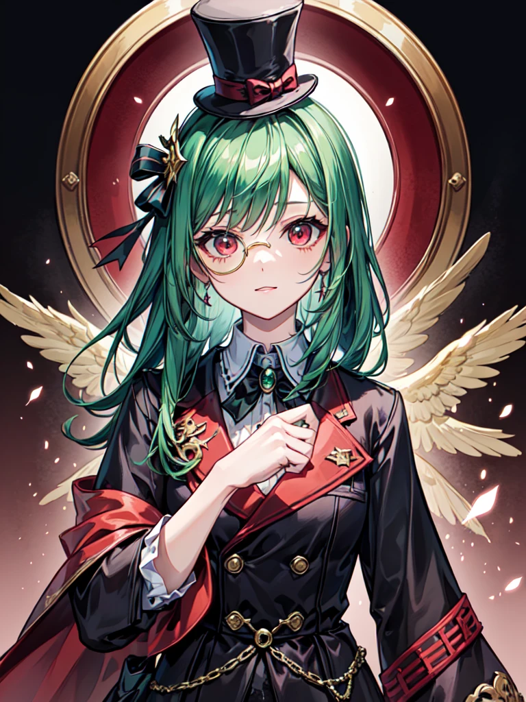 （（（masterpiece、Highest image quality、highest quality、highly detailed unity 8ｋwallpaper）））、（（Illustration of one girl、upper body））、（（（beautiful girl）））、（Emerald green hair、sidelocks：1.2、red eyes）、（（（crazy smile）））、monocle、pocket watch、（（（Black top hat、tuxedo）））、grand library
