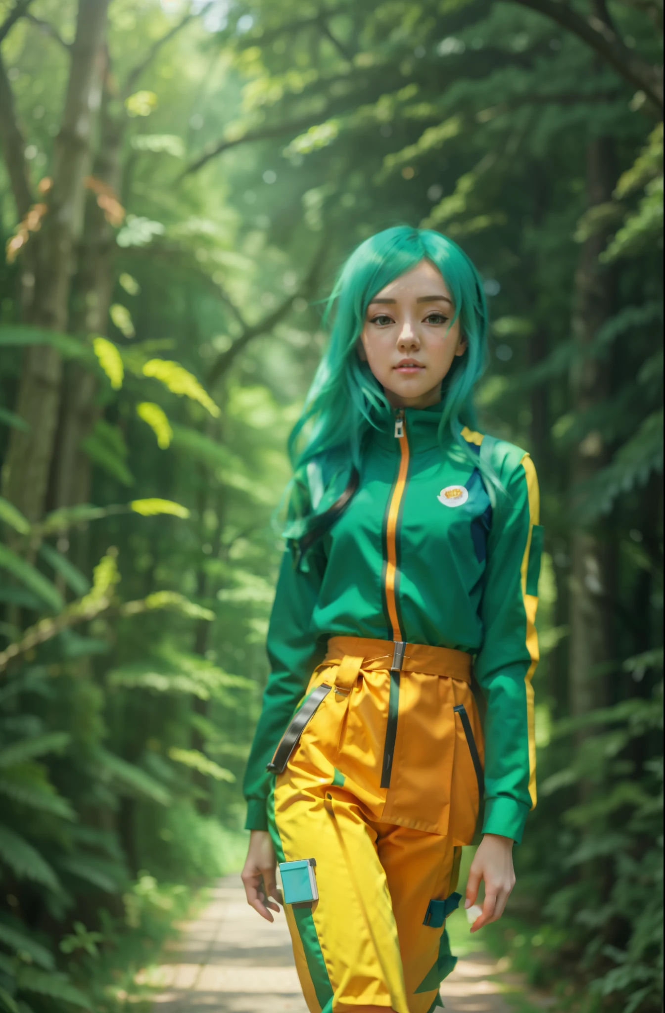 there is a woman walking down a path in a forest, anime lush john 8k woods, anime style. 8k, artwork in the style of guweiz, artgerm and atey ghailan, anime style 4 k, digital anime illustration, realistic artstyle, realistic anime 3 d style, inspired by Liam Wong, stylized anime