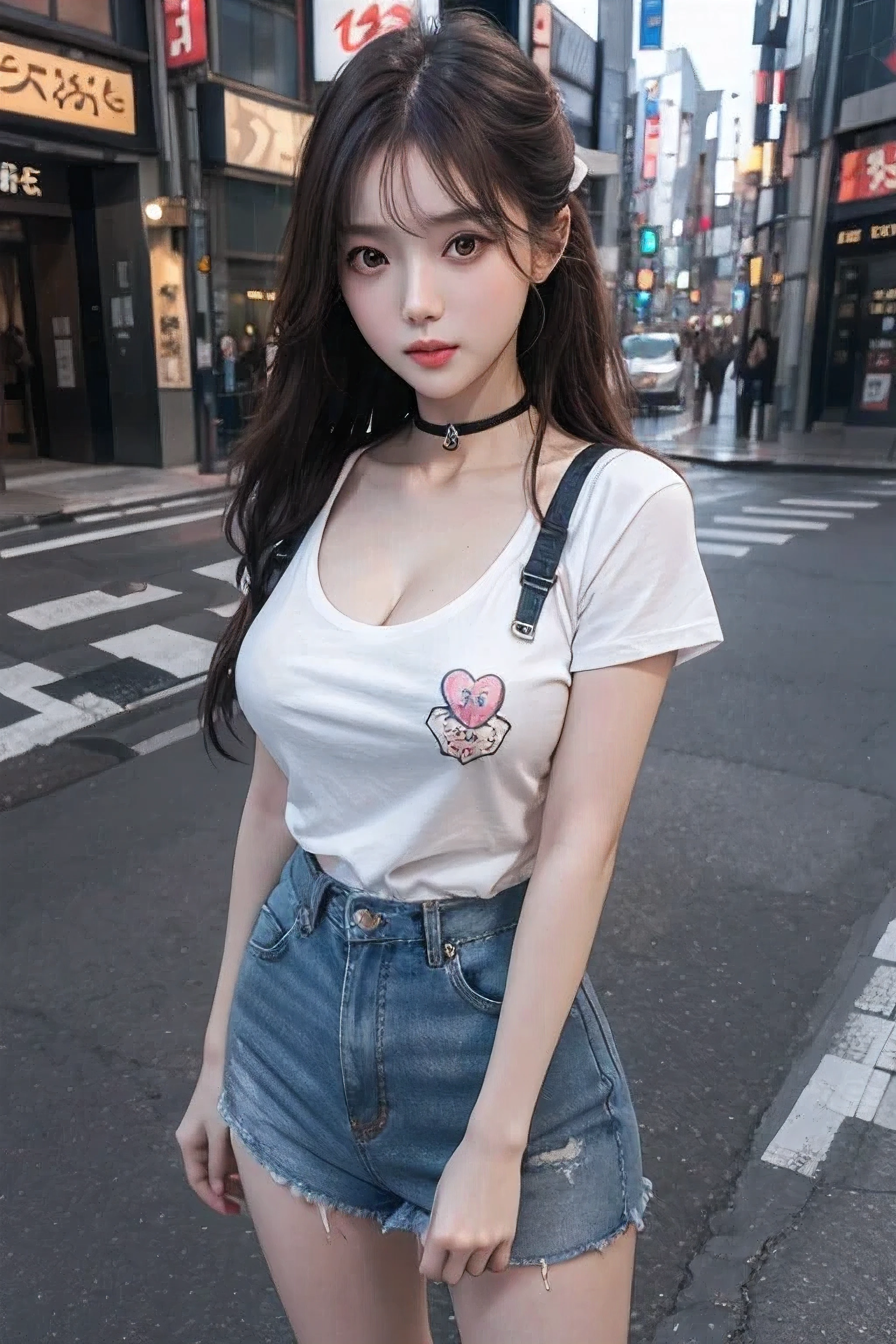 Best Quality Detail:1.2, realisitic, 8K UHD, hight resolution, 1girl in:1.2, The ultra-detailliert, High quality textures, intricate detailes, detaileds, Very detailed CG, High quality shadows, Detail Beautiful delicate face, Detail Beautiful delicate eyes, depth of fields, Ray traching, in her 20s, Pretty Kpop Girl, Korean Urzan Face:1.1, Slender face, ulzzang -6500-v1.1:0.6, pureerosface_v1, gloweyes, teak, Glossy lips, perfectbody, a choker、cleavage of the breast、 Brown hair、poneyTail:1.1, Street, Particle, look at viewr, Photorealsitic:1.4, ultra-detailliert, photos realistic, 4K 8K UHD Full Color RAW Photos, Fuji Film(Medium format:1.2), Hasselblad:1.2, Carl zeiss:1.1, Incredible dynamic range photography(UTIL_Art by Smoose-768:1.1), hight resolution, High pixel count, clear details, crisp image, Natural color reproduction, Noise Reduction, High fidelity, qulity, Software Improvements, Upscaling, Optimized algorithms, Pro-level retouching、((Shibuya, tokyo prefecture))、On the way to shopping、((Fashionable clothes with a very high design))、graphic t-shirt: Art and Logos、Graphic T-shirts printed with anime characters are trending.、Used for unique styling