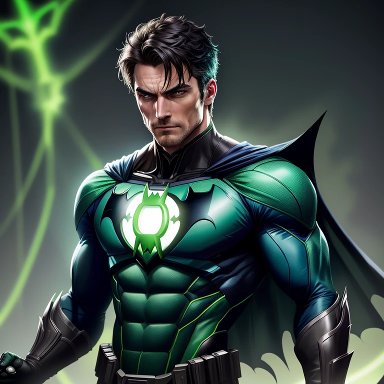 A realistic rendition of Batman in a vivid Green Lantern suit, meticulously crafted with sleek, dark materials, akin to a futuristic amalgamation of leather and power ring technology. The suit, adorned with intricate green patterns and lantern symbols, contrasts sharply against Batman's brooding, intense expression. The scene is set within a dimly lit, cinematic environment, bathed in hues of blue and green from the Lantern power. Every detail, from the textured fabric to the glowing lantern emblem, exudes top-quality, hyper-realistic detailing, captivating the viewer in the 8K resolution. The suit