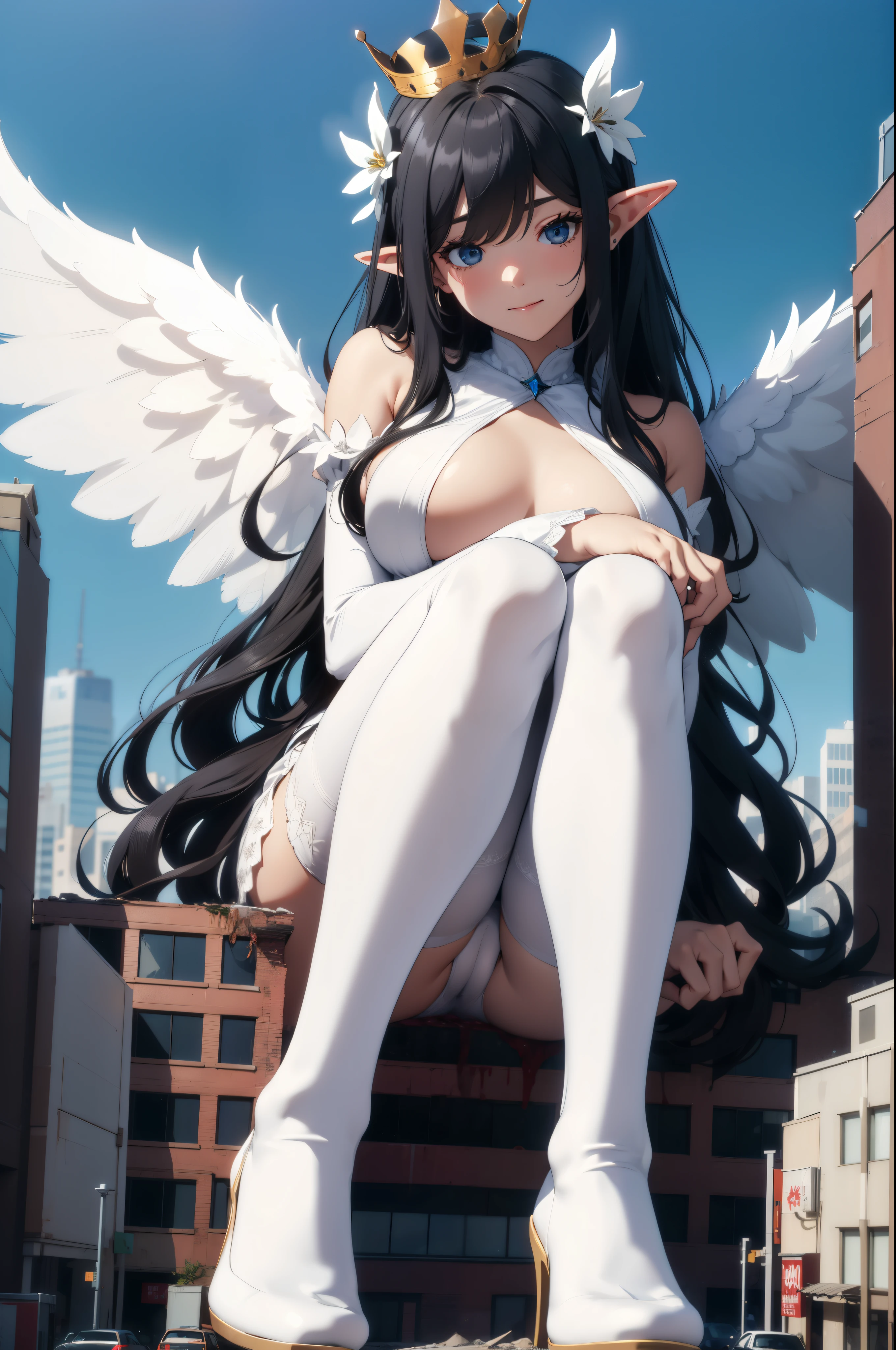 giant girl 50,000 feet high,Weight 1000kg,Have a pair of long legs,Keep your eyes open,Has a pair of huge white angel wings,With huge devil horns on his head,wear a crown on your head,Elf wearing white earrings,She has long black hair that reaches her feet,loose hair,Black wavy long curly hair,Wearing a pair of white boots on her feet,White lace gloves,White lace pantyhose,Bow and star embellished tights,白色蕾丝whole body,Sit on a tall building,Beautiful appearance,Exquisite makeup,quality,8k,高quality,Perfect proportion, Cinema lighting,film grain,Fuji colors,8k,textured skin,Super details,high detail,high resolution,fake smile,blood stains,脚底有blood stains,whole body,fat,elf princess,feather,flowers