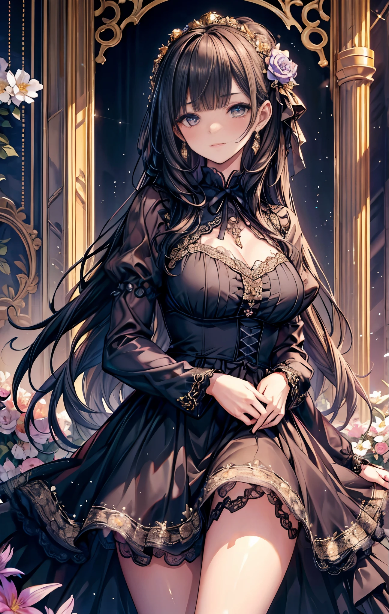 masterpiece, highest quality, High resolution, SA1, Gorgeous gold lace and black ruffle dress, Sparkly eyes, thighs, false eyelashes, Cute atmosphere, straight hair, black ribbon on the head, Surrounded by many flowers,