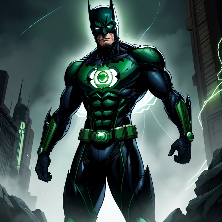 A realistic rendition of Batman in a vivid Green Lantern suit, meticulously crafted with sleek, dark materials, akin to a futuristic amalgamation of leather and power ring technology. The suit, adorned with intricate green patterns and lantern symbols, contrasts sharply against Batman's brooding, intense expression. The scene is set within a dimly lit, cinematic environment, bathed in hues of blue and green from the Lantern power. Every detail, from the textured fabric to the glowing lantern emblem, exudes top-quality, hyper-realistic detailing, captivating the viewer in the 8K resolution. The suit