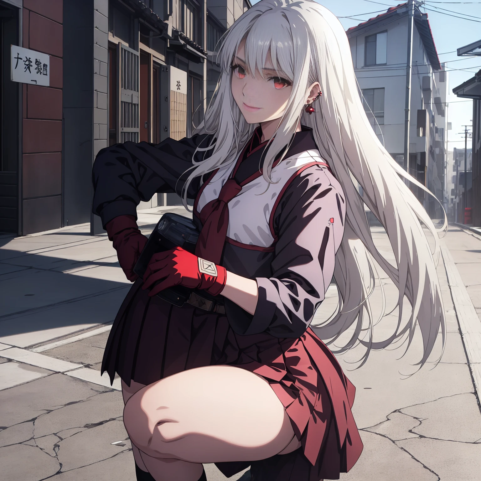 sukeban illyasviel_von_einzbern, mature_female, silver hair, holding yoyo, combat pose, full body, flowing hair, hair between the eyes, asymmetrical hair, red eyes, delicate facial features, sukeban deka clothe, looking_at_viewer, outdoors, background tokyo, ((solo, solo focus, solo girl,1girl))+++++,woman in a 80's sukeban seifuku standing on a set of strees, black school uniform, 80's japanese sukeban photo, sukeban seifuku,  80's japan, sukeban, long black skirt, red converse, full body, light skin tone female, full body, tape, arm_support, gloves, red_gloves, bridal gauntlets, blackred_footwear, fighter outfit, full body, hourglass, mature face, cheeky smile, cheeky face, wrinkles,( silver long hair, earrings, ear piercings), realistic, (fighting art, Martial arts, standing, fighting_stance, fight, fighting), extra colors, 2D, megapixel, perfectionism, accent lighting, full HD , 4K, masterpiece, empty red eyes