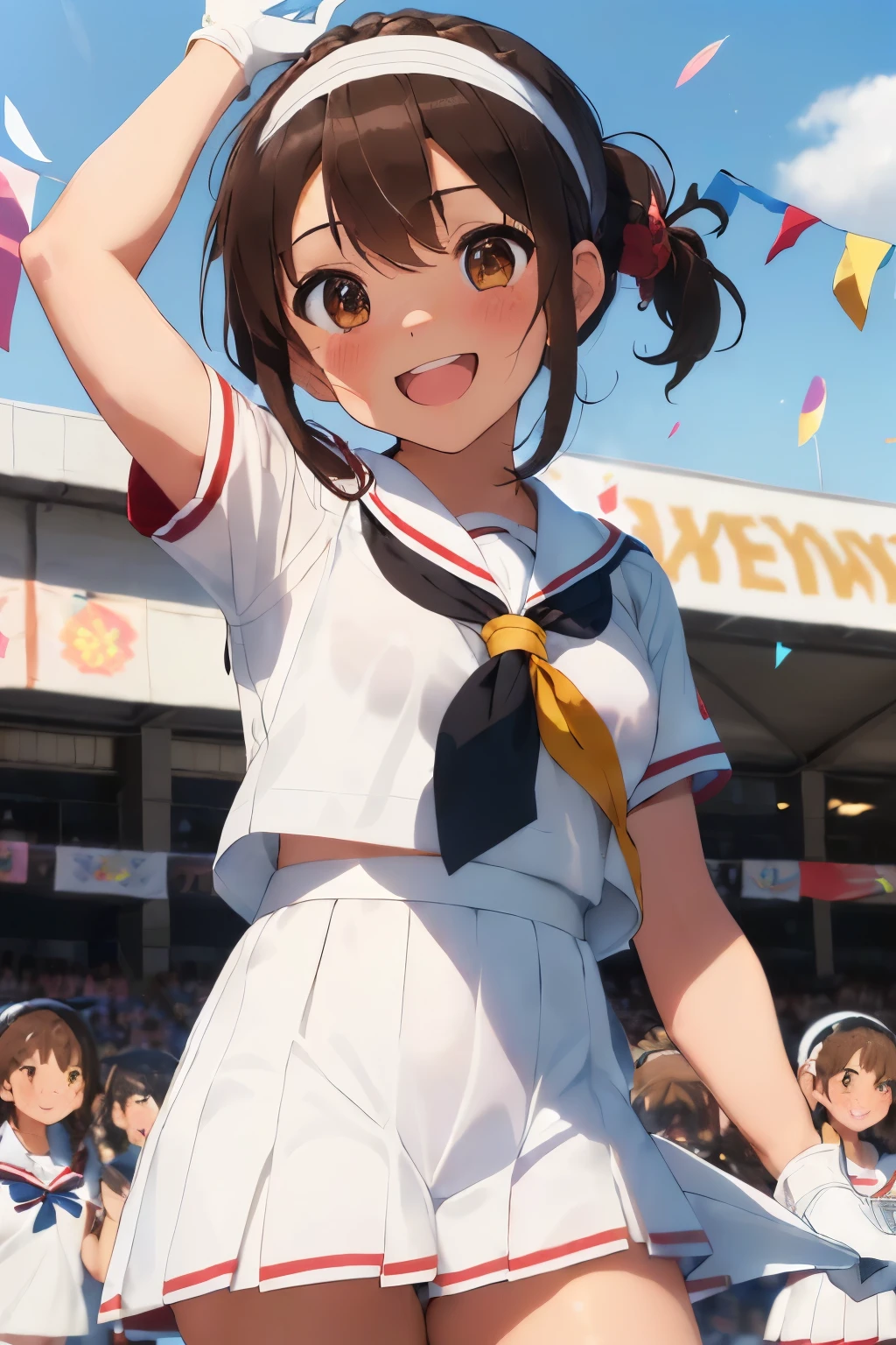 (brown hair:1.25),(brown eyes:1.25),(braided short hair:1.3),(With bangs),(blush:1.3),(cheering squad costumes:1.4),(school uniform:1.4),(white gloves:1.4),(A headband is wrapped around the forehead:1.4),(Banner for support:1.5),(cheering squad flag:1.5),(Flag fluttering in the wind:1.35),(They are waving their hands in support:1.35),(SakuraFubuki:1.4),(colorful confetti:1.35),(A big smile:1.5),