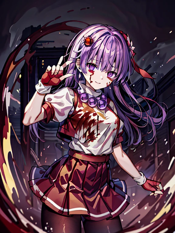 (masterpiece)、(highest quality)、(super detailed)、intricate details、athena 97、(1 girl)、solo、purple eyes、purple hair、hair length、white earrings、red hair band、star hair ornament、Medium breathing、red vest、white turtleneck、White Puff Sleeves、short sleeve、red pleated skirt、(Crimson pantyhose:1.2)、black pantyhose、yellow belt、purple spherical necklace、red fingerless gloves、white short socks、red shoes、evil smile、NSFW、cowboy shot、In the ruins、anime style、(Blood on the face:1.6)、(combat readiness:1.6)、hypnorolla、
empty eyes