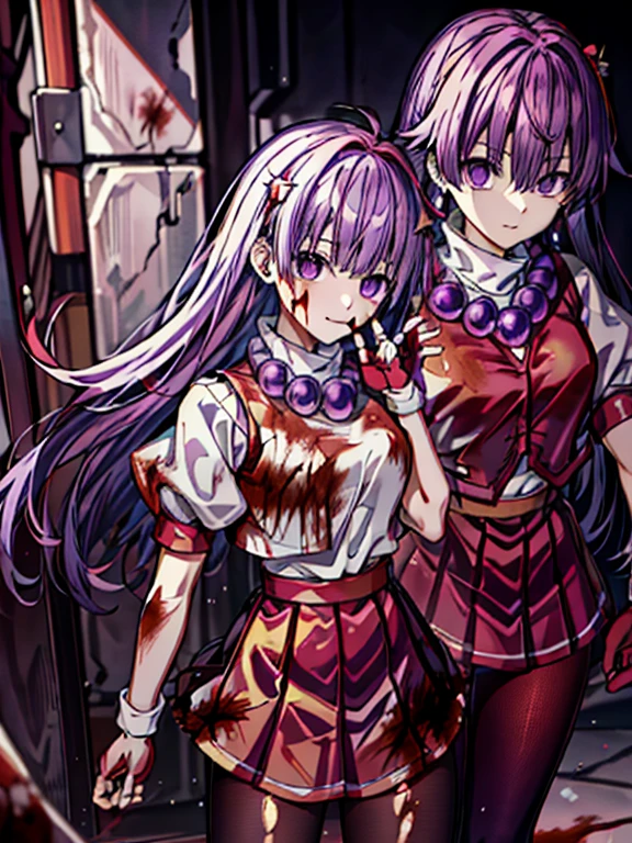 (masterpiece)、(highest quality)、(super detailed)、intricate details、athena 97、(1 girl)、solo、purple eyes、purple hair、hair length、white earrings、red hair band、star hair ornament、Medium breathing、red vest、white turtleneck、White Puff Sleeves、short sleeve、red pleated skirt、(Crimson pantyhose:1.2)、black pantyhose、yellow belt、purple spherical necklace、red fingerless gloves、white short socks、red shoes、evil smile、NSFW、cowboy shot、In the ruins、anime style、(Blood on the face:1.6)、(combat readiness:1.6)、hypnorolla、
empty eyes
