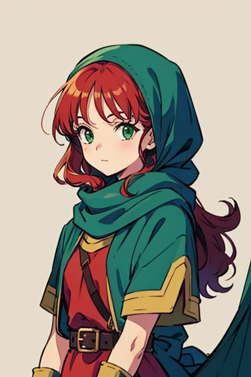 ((Maribel dq7)),dragon quest vii,1girl,curly hair,dress,green eyes,head scarf,hood,long hair,red hair,