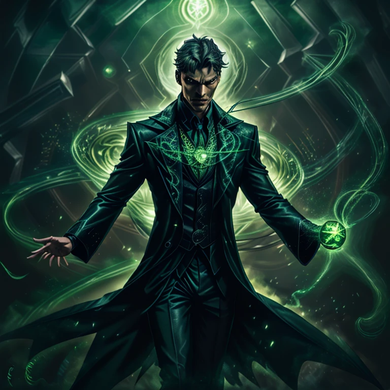 A realistic rendition of Batman in a vivid Green Lantern suit, meticulously crafted with sleek, dark materials, akin to a futuristic amalgamation of leather and power ring technology. The suit, adorned with intricate green patterns and lantern symbols, contrasts sharply against Batman's brooding, intense expression. The scene is set within a dimly lit, cinematic environment, bathed in hues of blue and green from the Lantern power. Every detail, from the textured fabric to the glowing lantern emblem, exudes top-quality, hyper-realistic detailing, captivating the viewer in the 8K resolution. The suit