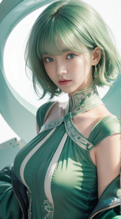 short hair、laughter、short hair,green hair,Emerald hair,beautiful bangs、40 years、Shining white skin、know、Flow of hair that extends to the face、bangs between eyeliner hair、High resolutionの目の美しさ, Bright and clear, Big light blue eyes shine charmingly、green one piece、white jacket、eyeliner、(Ultra Real), (figure), (High resolution), (In 8K), (very detailed), (Best figure), (Beautiful quality with attention to detail), (super detailed), (table top), (wallpaper), (detailed face), drooling eyes,upper body up, alone,  big breasts