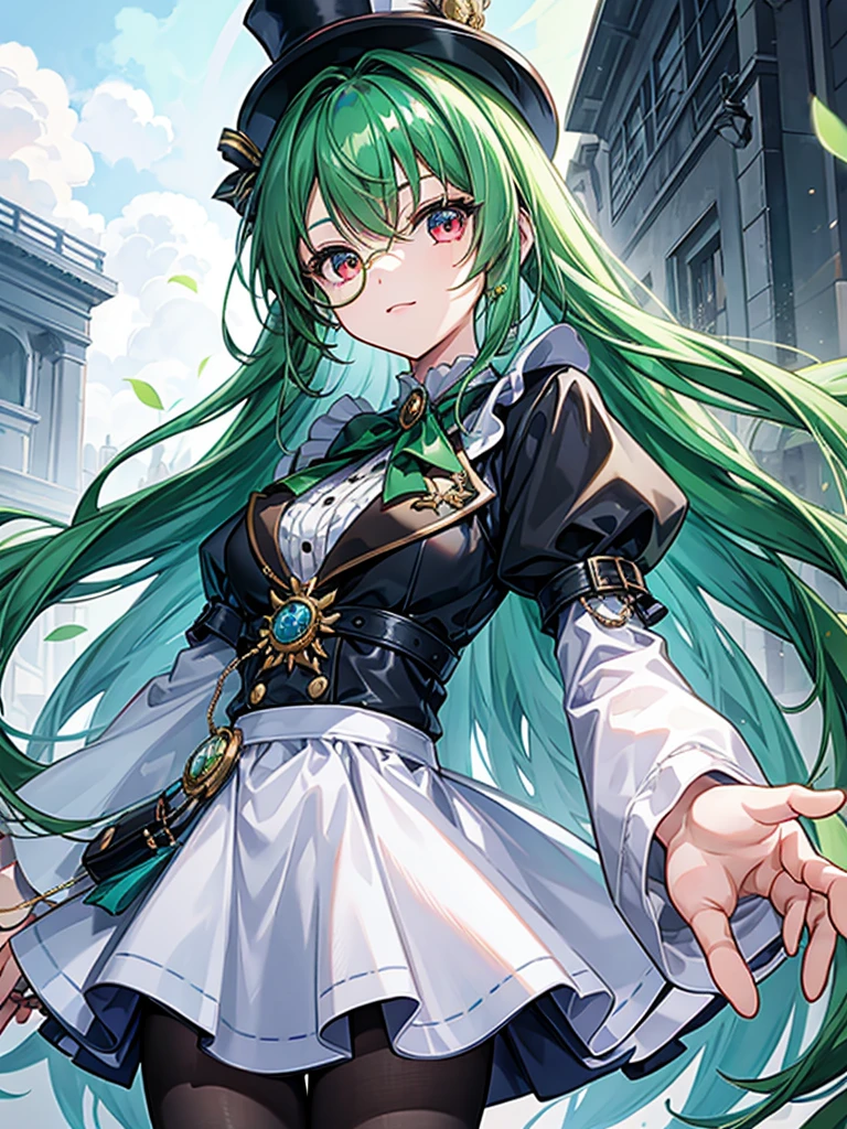 （（（masterpiece、Highest image quality、highest quality、highly detailed unity 8ｋwallpaper）））、（（Illustration of one girl、upper body））、（（（beautiful girl）））、（Emerald green hair、sidelocks：1.2、red eyes）、（（（crazy smile）））、monocle、pocket watch、（（（Black top hat、tuxedo）））、grand library