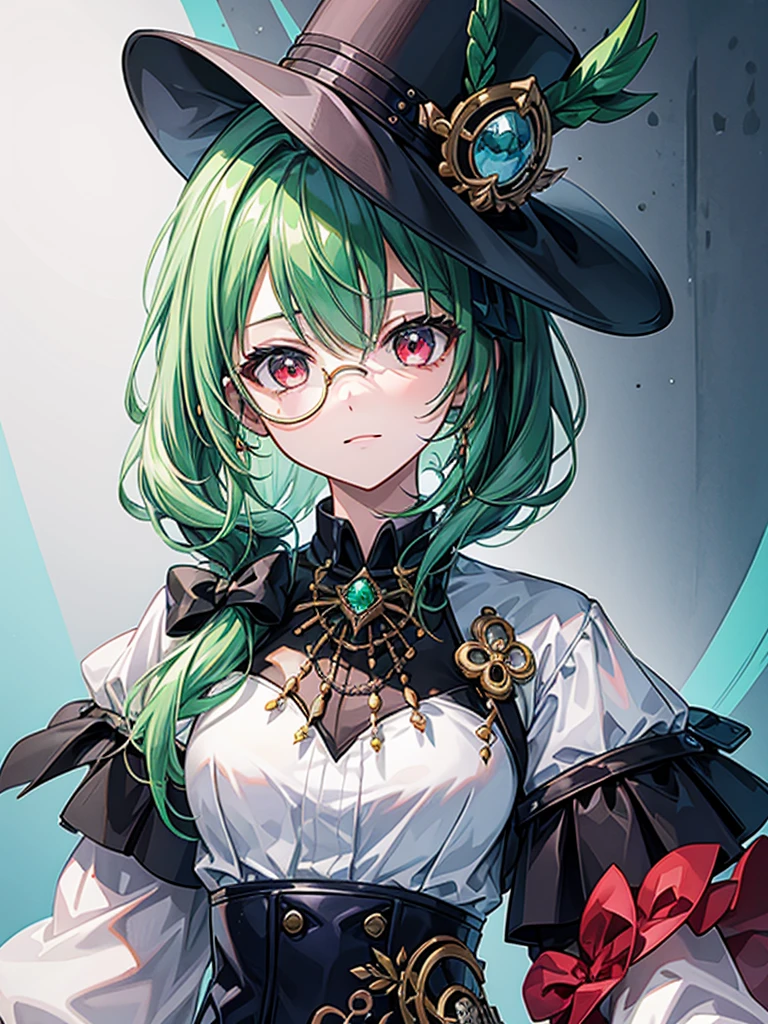 （（（masterpiece、Highest image quality、highest quality、highly detailed unity 8ｋwallpaper）））、（（Illustration of one girl、upper body））、（（（beautiful girl）））、（Emerald green hair、sidelocks：1.2、red eyes）、（（（crazy smile）））、monocle、pocket watch、（（（Black top hat、tuxedo）））、grand library