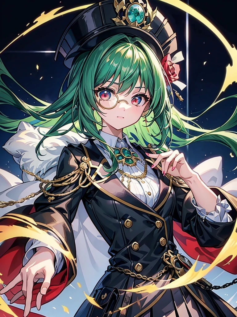 （（（masterpiece、Highest image quality、highest quality、highly detailed unity 8ｋwallpaper）））、（（Illustration of one girl、upper body））、（（（beautiful girl）））、（Emerald green hair、sidelocks：1.2、red eyes）、（（（crazy smile）））、monocle、pocket watch、（（（Black top hat、tuxedo）））、grand library