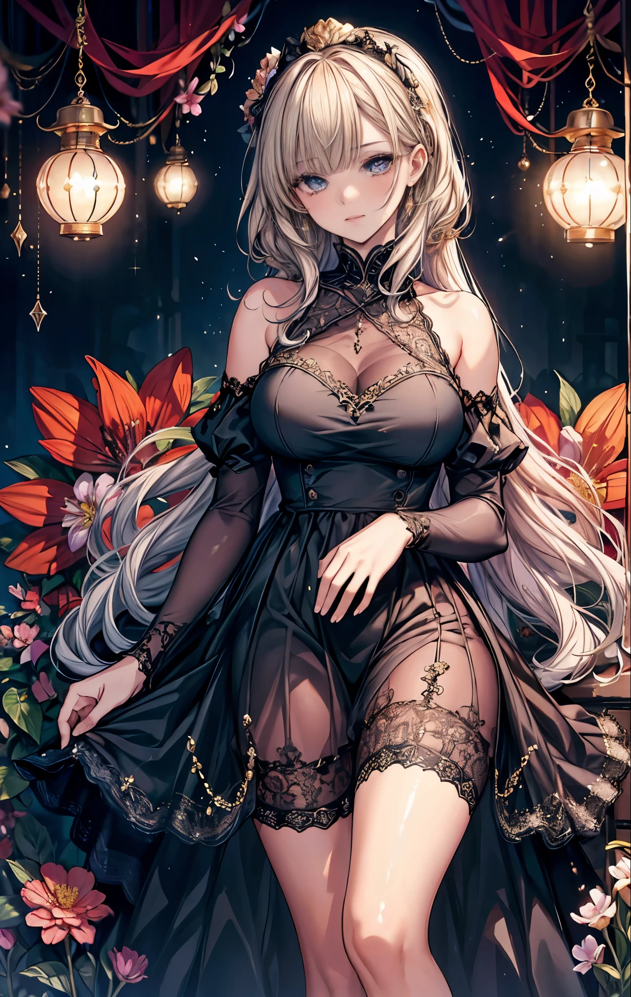 masterpiece, highest quality, High resolution, SA1, Gorgeous gold lace and black ruffle dress, Sparkly eyes, thighs, false eyelashes, Cute atmosphere, Surrounded by many flowers,