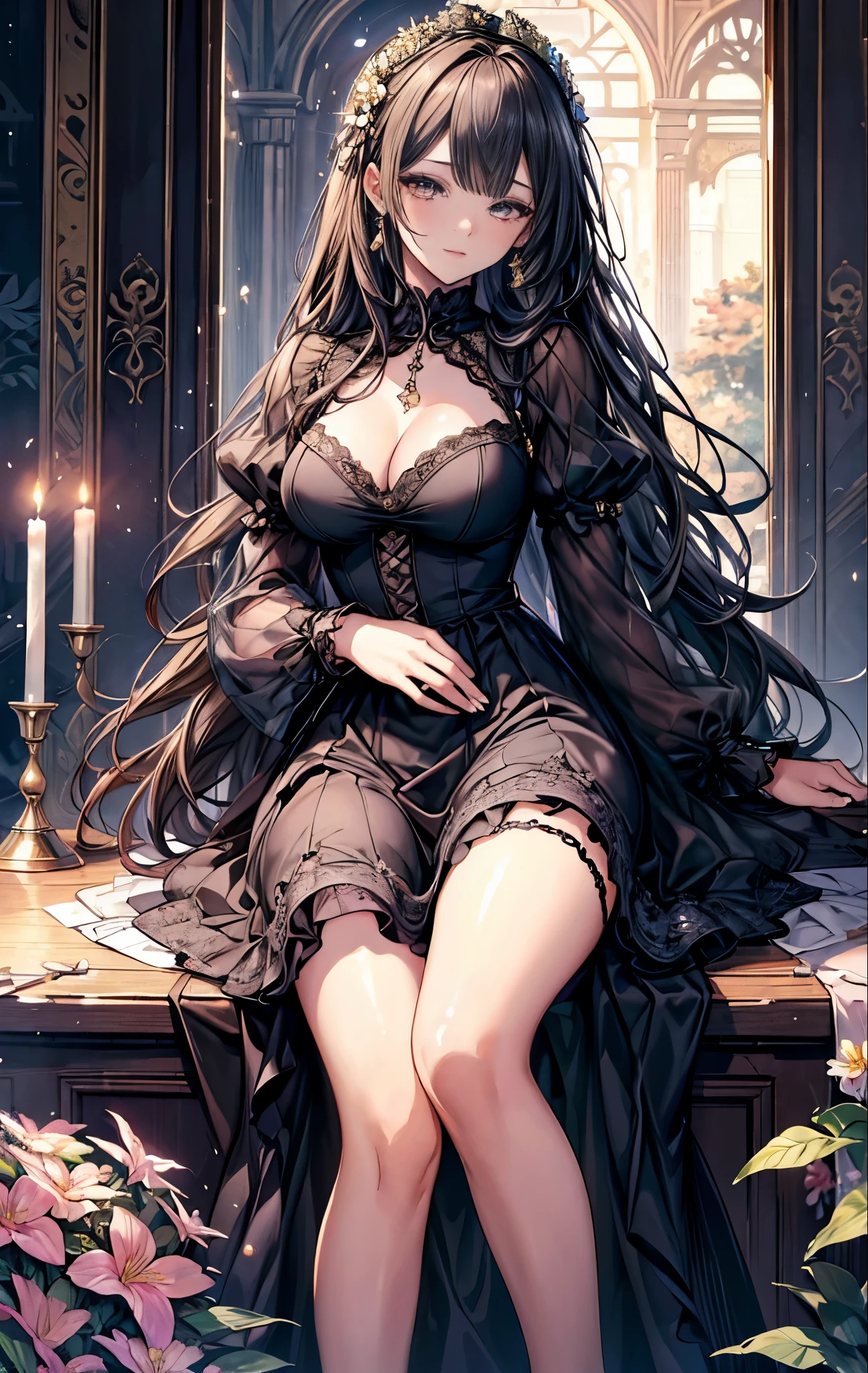 masterpiece, highest quality, High resolution, SA1, Gorgeous gold lace and black ruffle dress, Sparkly eyes, thighs, false eyelashes, Cute atmosphere, Surrounded by many flowers,