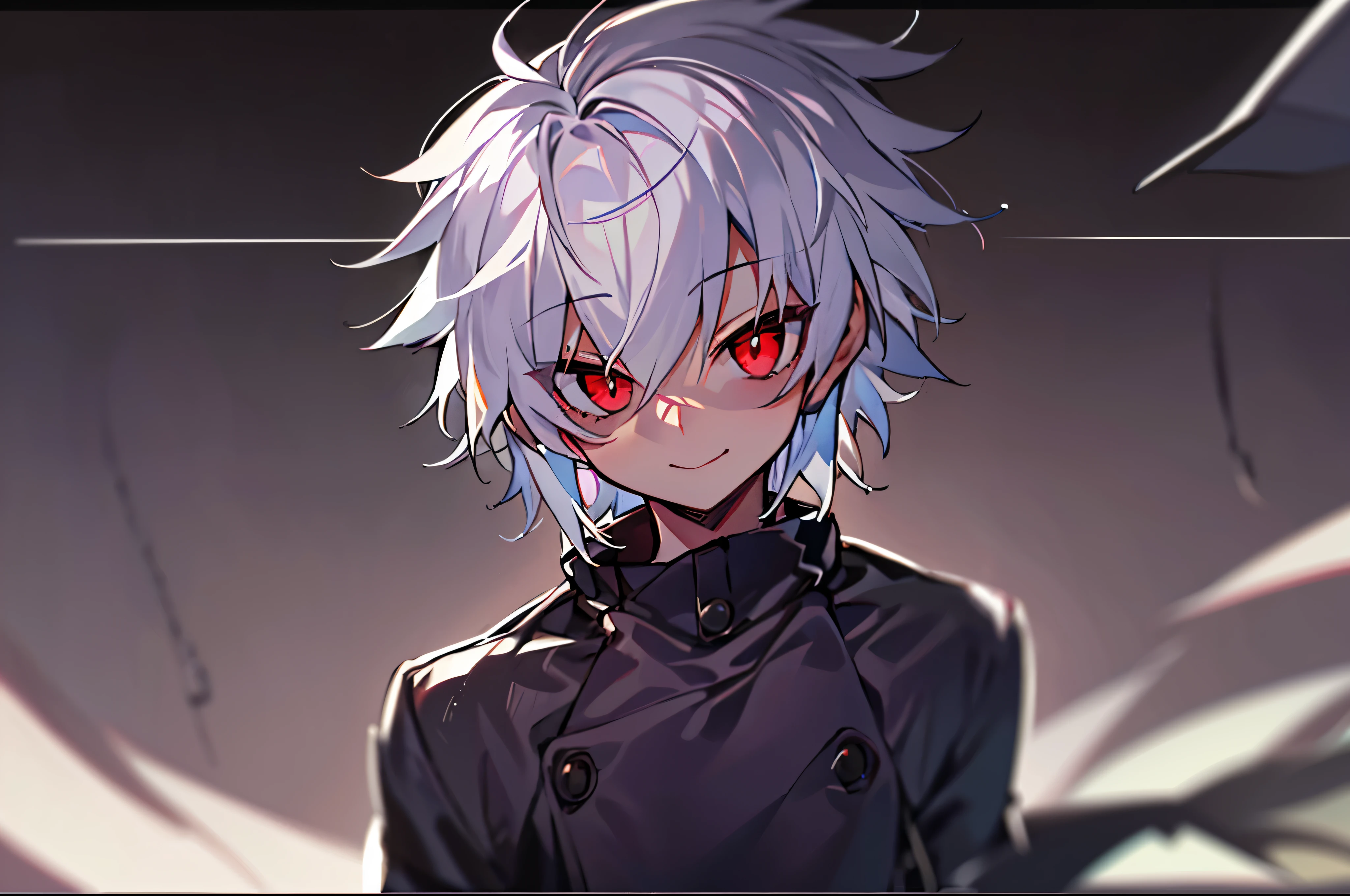 hight resolution,Anime boy with white hair and red eyes staring at camera, red eyes,slim, dressed in a black outfit,Shadow Body,Brown skin,monochromes,hair messy,Aggressive smile,Diagonal angle