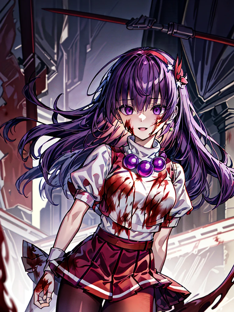 (masterpiece)、(highest quality)、(super detailed)、intricate details、athena 97、(1 girl)、solo、purple eyes、purple hair、hair length、white earrings、red hair band、star hair ornament、Medium breathing、red vest、white turtleneck、White Puff Sleeves、short sleeve、red pleated skirt、(Crimson pantyhose:1.2)、black pantyhose、yellow belt、purple spherical necklace、red fingerless gloves、white short socks、red shoes、evil smile、NSFW、cowboy shot、In the ruins、anime style、(Blood on the face:1.6)、(combat readiness:1.6)、hypnorolla、
empty eyes
