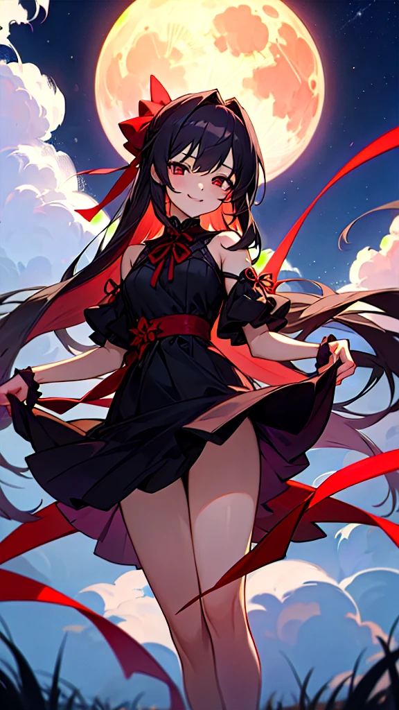 masterpiece, highest quality, be familiar with, 1 girl, alone, night sky, outdoor, full moon, performer, cloud, night,,  dark sakura, (black dress), long hair, evil smile, red ribbon, striped, thighs