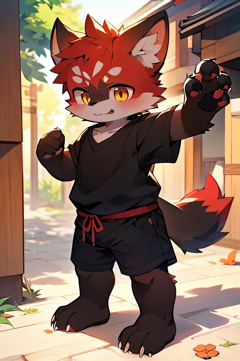 hairy,black fur,golden fur,Red fur,male,canine,red fox,red fox,red fox,the only person,sharp claws,fine fur,golden eyes,thick eyebrows,hairy的尾巴,Red gold black short sleeves,white shorts,Super detailed:1.0,horny boy,toddler,child们,child们's,child,Beasts too,Shota(dagasi street:1.1),anatomically correct,Red Claw,Bare paws,Barefoot paws,Barefoot paws,stand up,attention,Bald,animal paw,