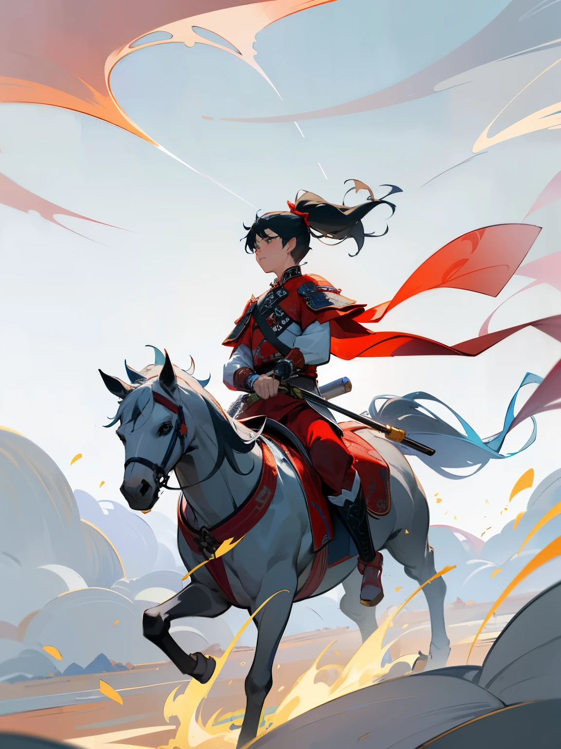 flat style，Wearing Chinese armor containing the image of a Chinese dragon，high resolution,clear image，Holding a sword, long hair and high ponytail，Stormy weather，cloudy day，mist，boy,solo,Guofen,full body,exquisite facial features,horse riding,Soft illuminaotion,Centered composition
