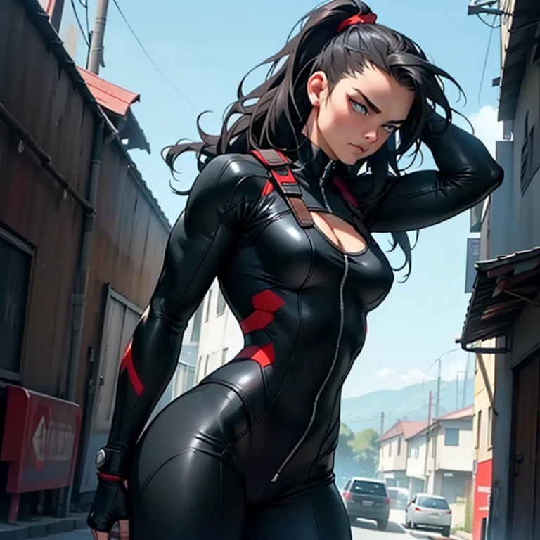 Cinematic Still of X-23, wearing a form-fitting red and black bodysuit with an impressive cleavage, best quality (Best Quality, 4k, 8K, high resolution, Masterpiece: 1.2). Her muscles ripple under the tight fabric as she stands with a confident posture, arms crossed over her chest. Her hair is short and spiky, a stark contrast to the curves of her voluptuous figure. The camera captures every detail, leaving no doubt about the presence of X-23, the mutant assassin with a surprising asset.