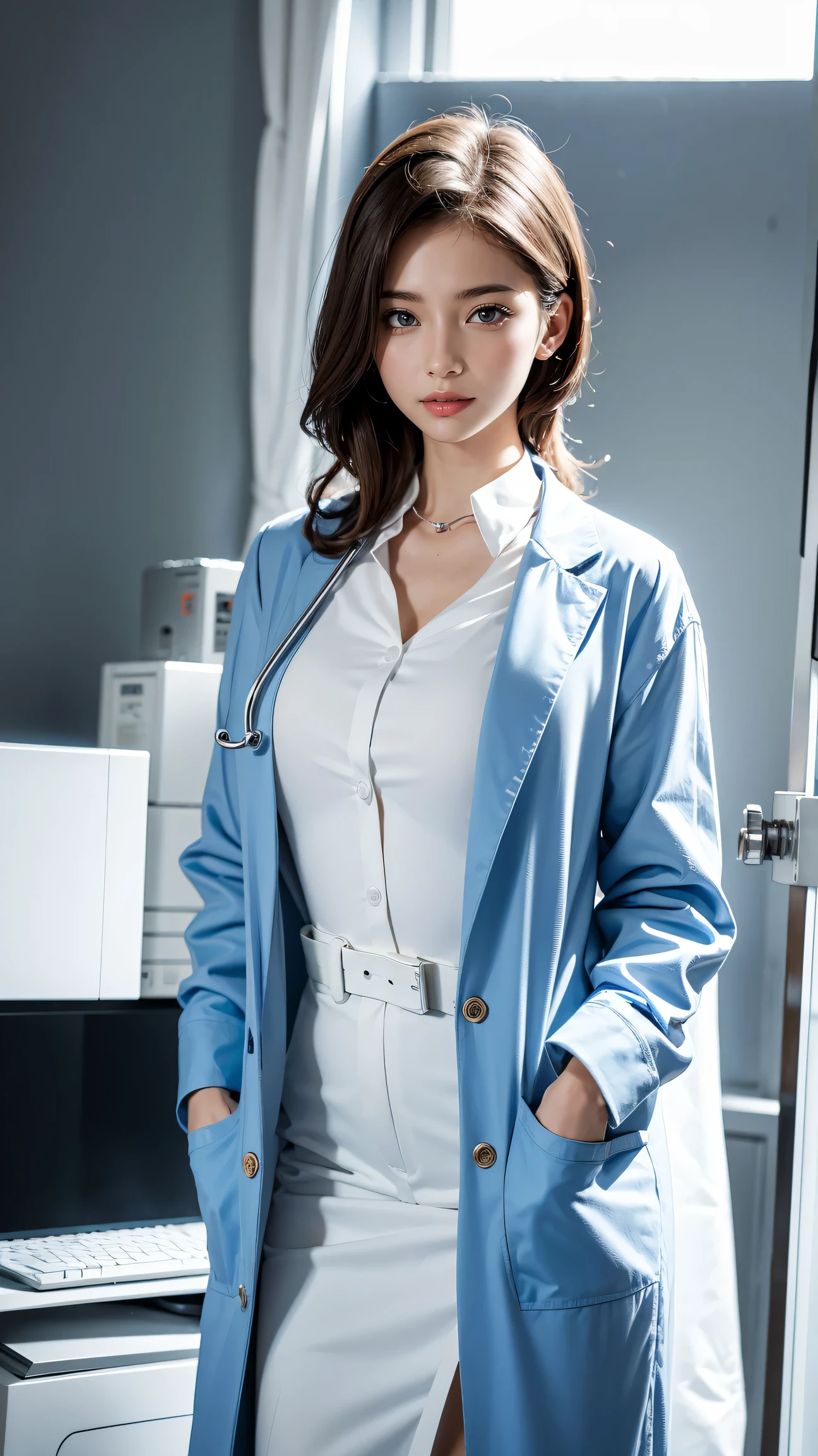 A beautiful female doctor in a professional clinic, (best quality, high resolution, Super detailed), Wearing a crisp white lab coat, A stethoscope is slung around his neck, and the warm smile on her face. Doctor&#39;s eyes are chiseled, Perfectly shaped nose, and luscious lips. The clinic is well-lit，Plenty of natural light, Equipped with state-of-the-art medical equipment and informative medical charts. The color palette is bright and clean, Mainly white and light blue. The lighting is carefully balanced, create comfort、Well-lit environment. The overall style is realistic and realistic, With a touch of art.