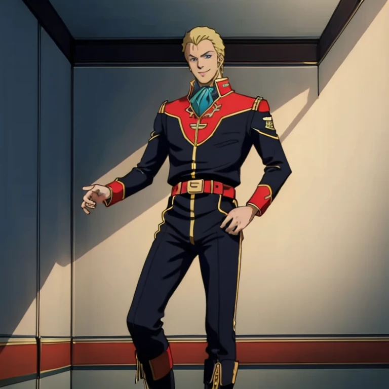 masterpiece,high quality,solo,indoors,
looking at viewer,smile,
jeridmessa,1man,
regent,blonde hair,blue eyes,
military uniform,black jacket,ascot,long sleeves,
belt,pants,
boots,