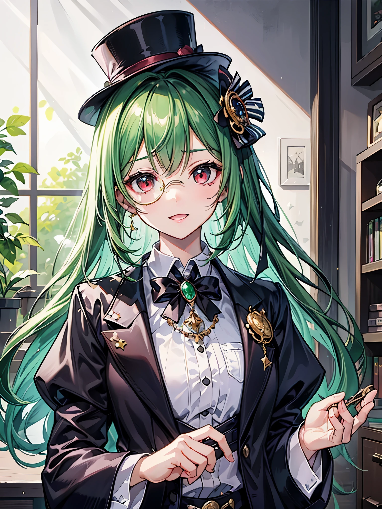 （（（masterpiece、Highest image quality、highest quality、highly detailed unity 8ｋwallpaper）））、（（Illustration of one girl、upper body））、（（（beautiful girl）））、（Emerald green hair、sidelocks：1.2、red eyes）、（（（crazy smile）））、monocle、pocket watch、（（（Black top hat、tuxedo）））、grand library