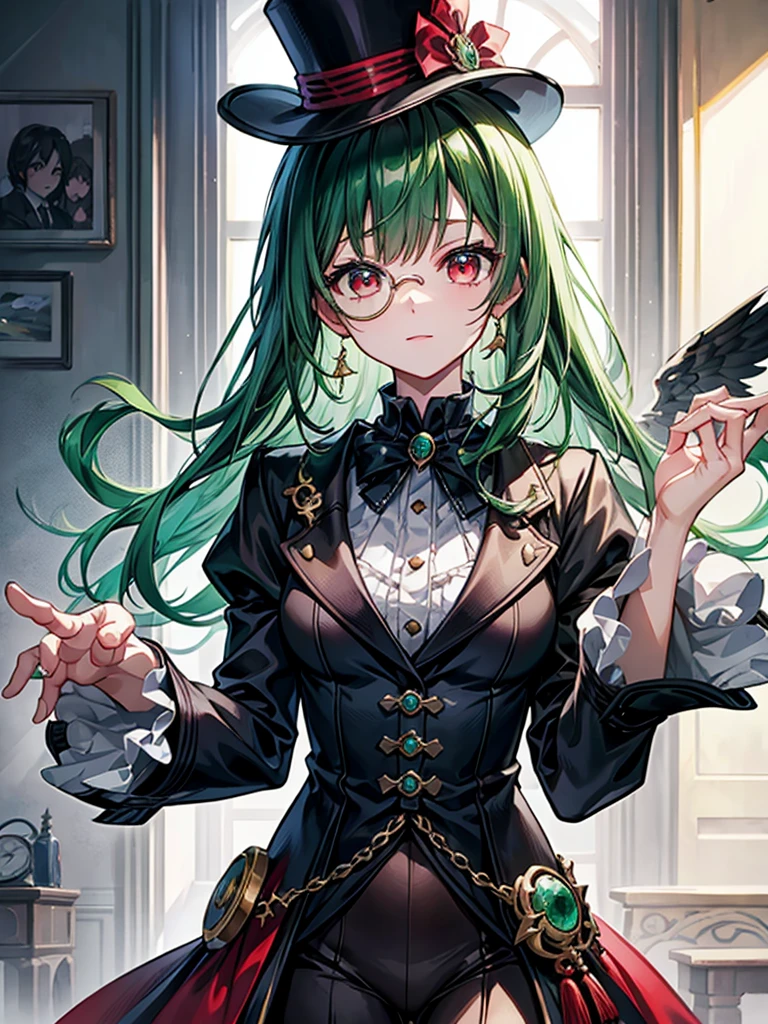 （（（masterpiece、Highest image quality、highest quality、highly detailed unity 8ｋwallpaper）））、（（Illustration of one girl、upper body））、（（（beautiful girl）））、（Emerald green hair、sidelocks：1.2、red eyes）、（（（crazy smile）））、monocle、pocket watch、（（（Black top hat、tuxedo）））、grand library