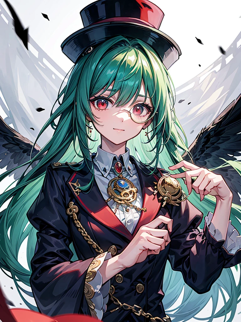 (((masterpiece、Highest image quality、highest quality、highly detailed unity 8kwallpaper)))、((Illustration of one girl、upper body))、(((beautiful girl)))、(Emerald green hair、sidelocks:1.2、red eyes)、(((crazy smile)))、monocle、pocket watch、(((Black top hat、tuxedo)))、grand library