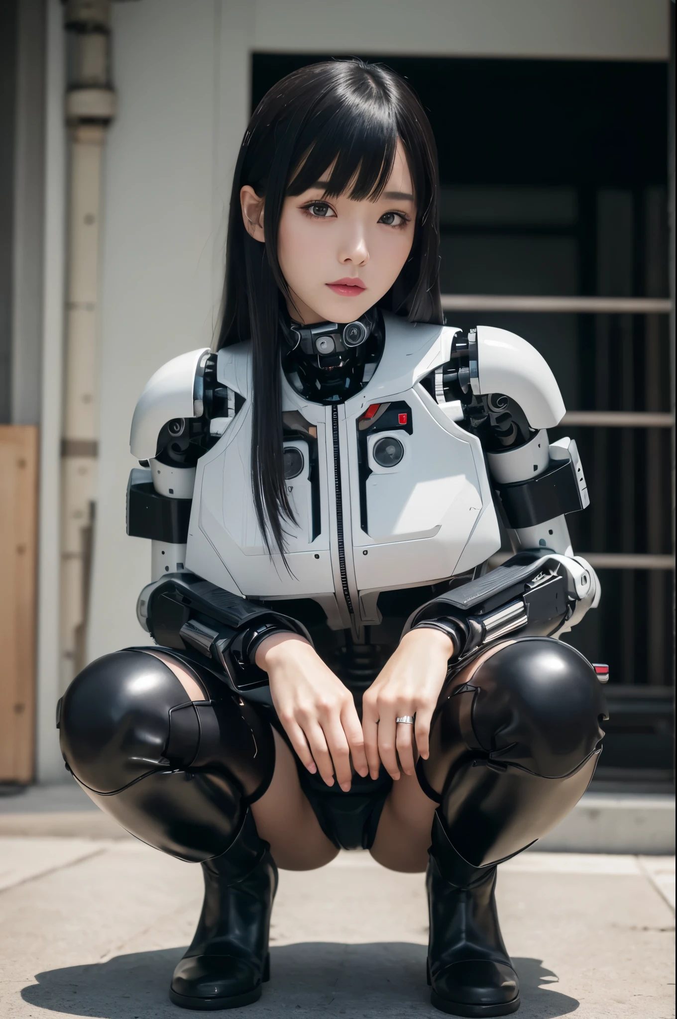 (photorealistic:1.4), (RAW photo)masterpiece, best quality, extremely detailed, (8K, 4K, Best Quality, hight resolution, 超A high resolution:1.1), (masutepiece, Realistic, Photorealsitic:1.1)Japanese android woman,Plump , announcer,control panels,activate,Squat,android,droid,Mechanical Hand,Robot arms and legs, Black Robot Parts,black hair,darkblack knee high socks,black sponge joints,blunt bangs,white robot body,ceramic body,leather boots,perfect cyborg girl