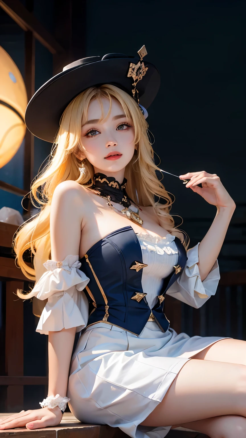 huge moon background,(8k, original photo, best quality, masterpiece:1.2), (actual, photo actual:1.3), ultra high definition, Highly detailed color photos, Extremely detailed CG unified 8k wallpaper, sharp focus, (actual skin), perfect anatomy, (Cinema lighting), glossy lips,
break the streets, permanent, (Lovely lady), ((blond hair:1.2)), long hair, curls,blunt bangs, blue eyes, (blush), (happiness), (big breasts), white skirt,white offshoulder shirt, Raise your legs high, looking at the audience, Upper body, close up, happy smile,Wear a beautiful hat